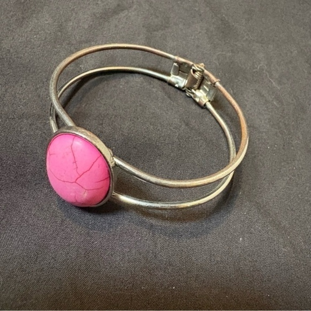 Vibrant Pink Stone Silver Cuff Bracelet